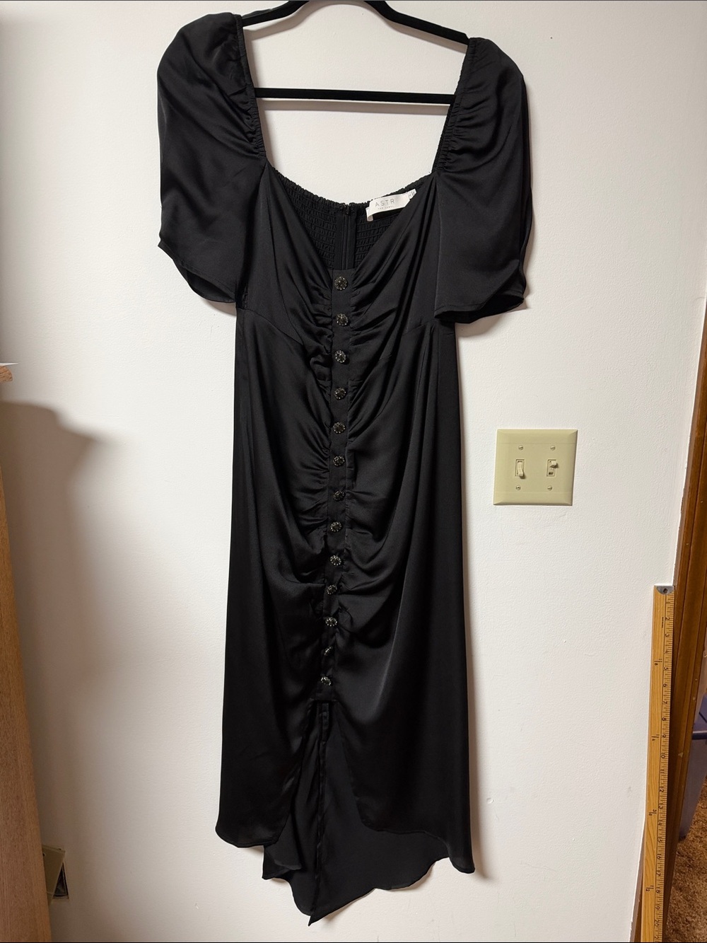 Astr Black Ruched Button-Front Midi Dress